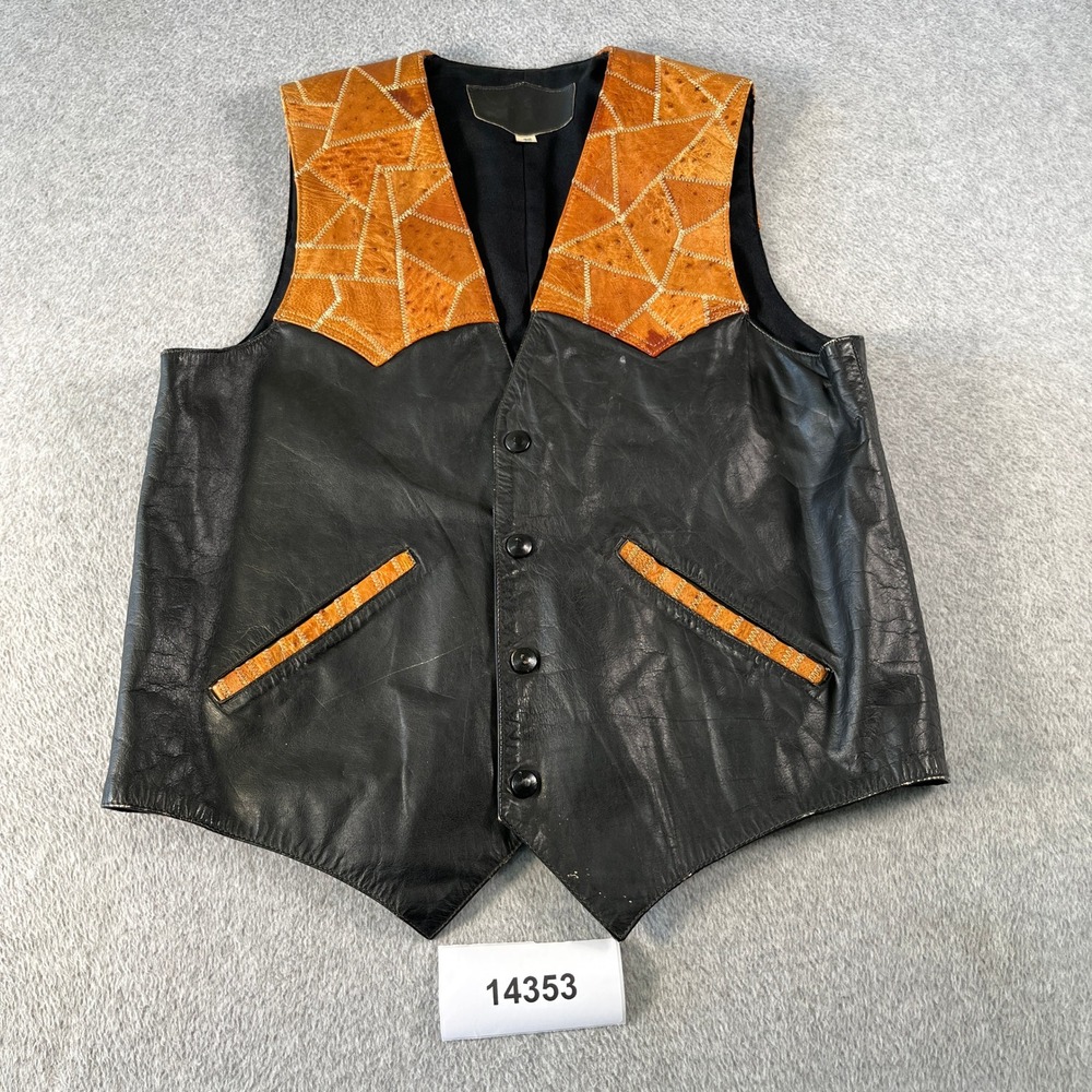 Mens Vest 38 Black Tan Lined Patchwork Classic Fit Western Sleeveless Snap Front
